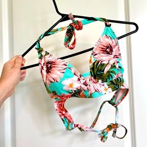 Kona Sol Swim Top | Size S | Pink flower print w/ turquoise | Tie top & back
